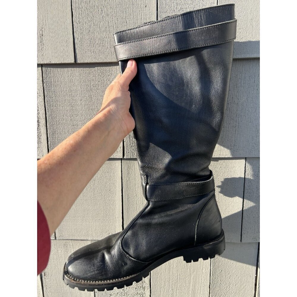 BURBERRY black leather biker moto tall lug sole boots biker designer 39.5 - Picture 2 of 16